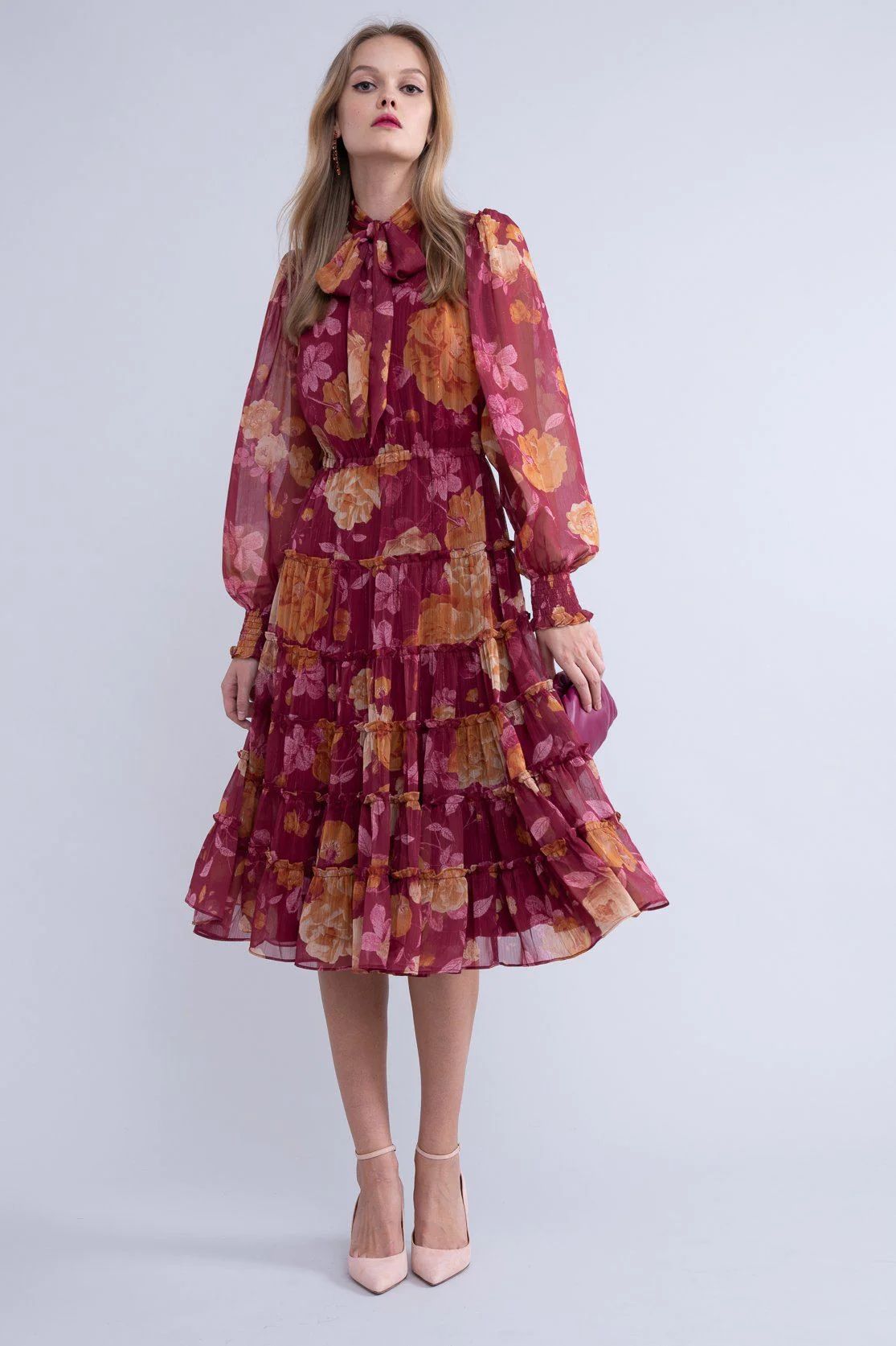 Tie Neck Chiffon Midi Dress - Red Rumba Floral | Rachel Parcell