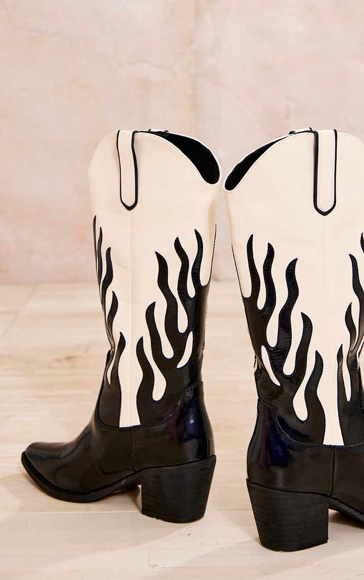 Black PU Contrast Flame Western Knee High Boots | Pretty Little Thing (Australia & New Zealand)