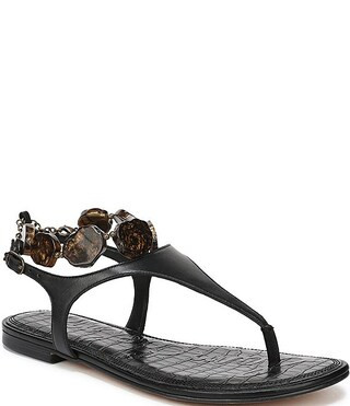 Sam Edelman Canna Leather Stone Embellished Anklet T-Strap Flat Sandals | Dillard's | Dillard's