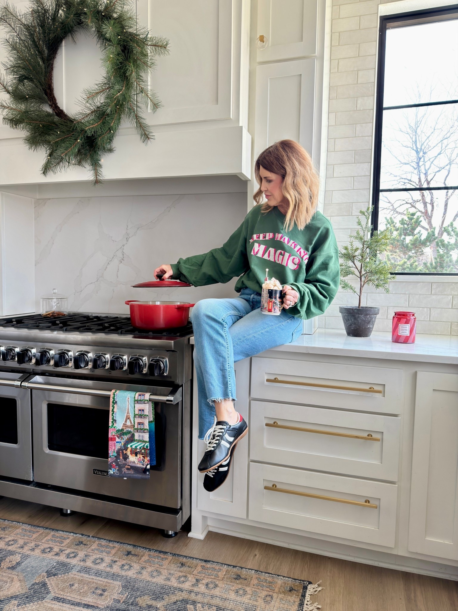 Wearing a small in the keep making magic sweatshirt and a size 27 in jeans. Be sure to look at sizing on shoes. I’m between a 7.5 and an 8 and wear a 39

#LTKGiftGuide #LTKHoliday #LTKootd