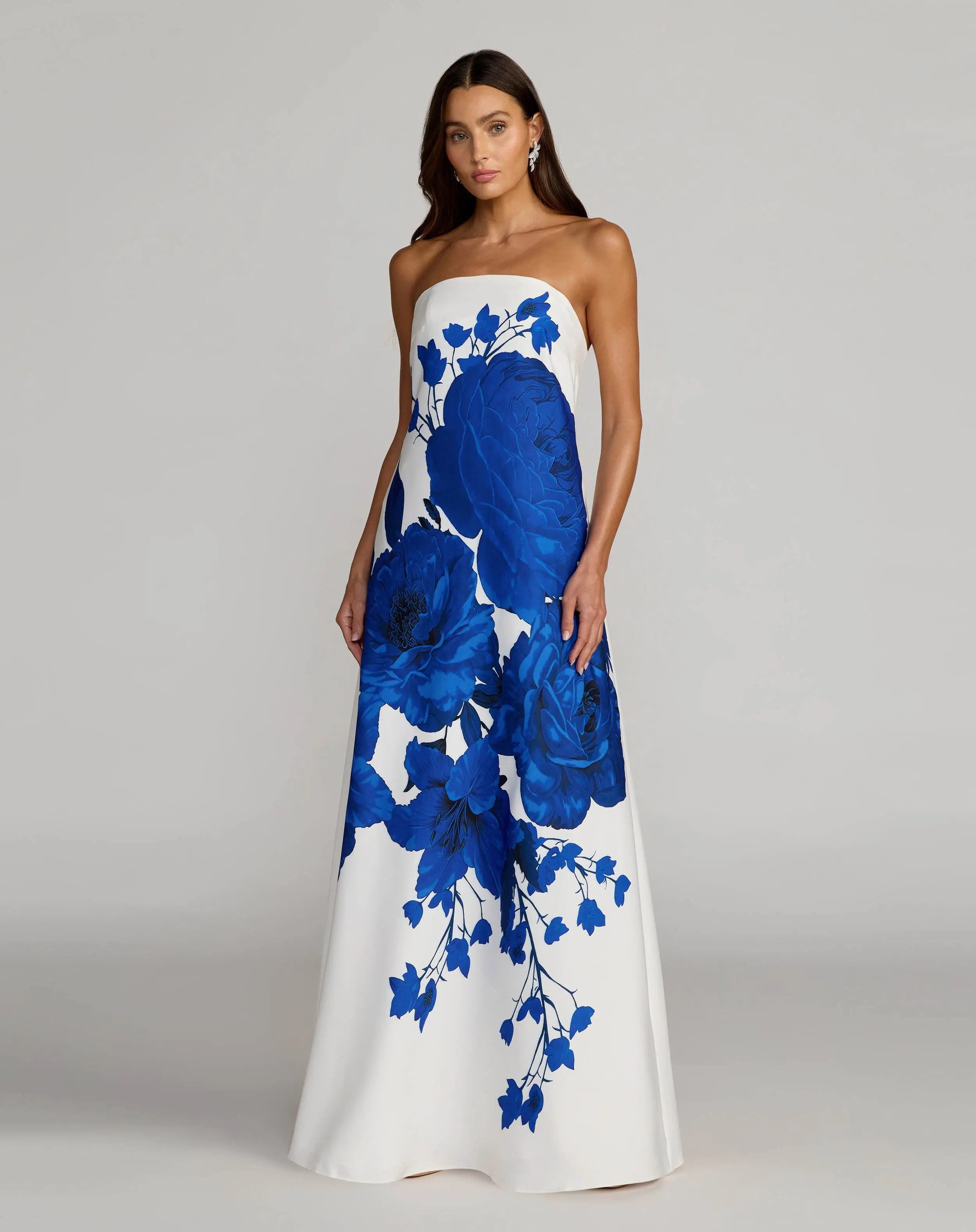 White Floral Printed Strapless Crepe Trapeze Gown | Mac Duggal | Mac Duggal