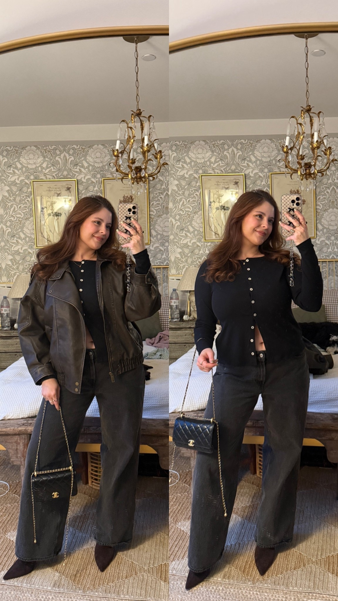 Abercrombie faux leather jacket 
Long sleeve slash boat neck top 
Low ride loose black denim

#LTKSeasonal #LTKMidsize #LTKSpringSale