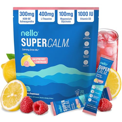 Nello Supercalm Powdered Drink Mix, Cortisol Reducer and Sleep Aid Supplement, L Theanine, Ksm-66 Ashwagandha, Magnesium Glycinate, Vitamin D 3, No Sugar, Non GMO, On The Go, 20 Ct, Raspberry Lemonade | Amazon (US)