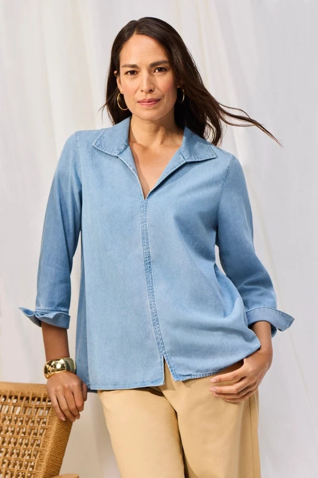 Agnes Tencel Denim 3/4 Sleeve Popover Shirt | Foxcroft
