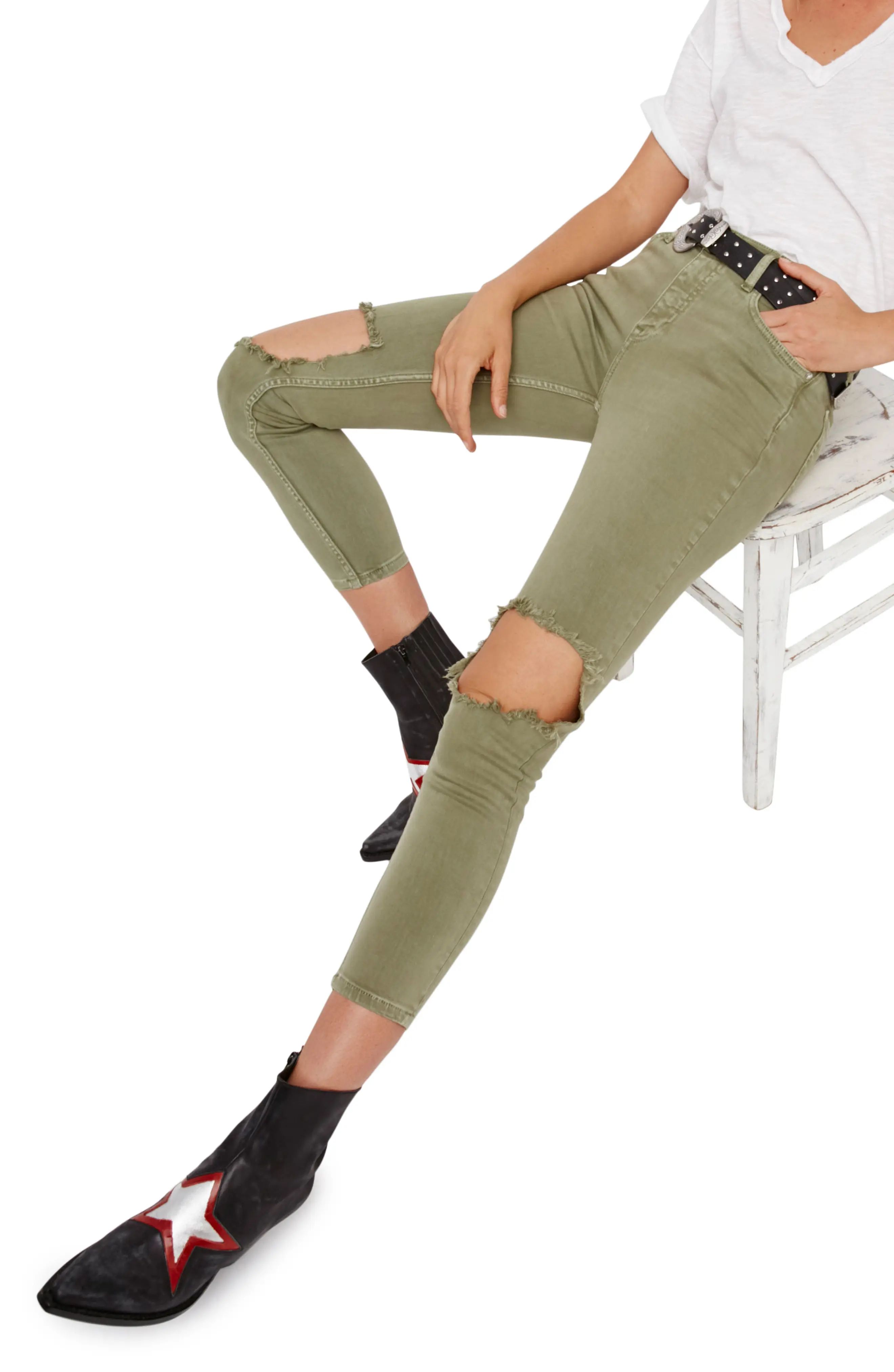 Free People High Rise Busted Knee Skinny Jeans (Moss) | Nordstrom
