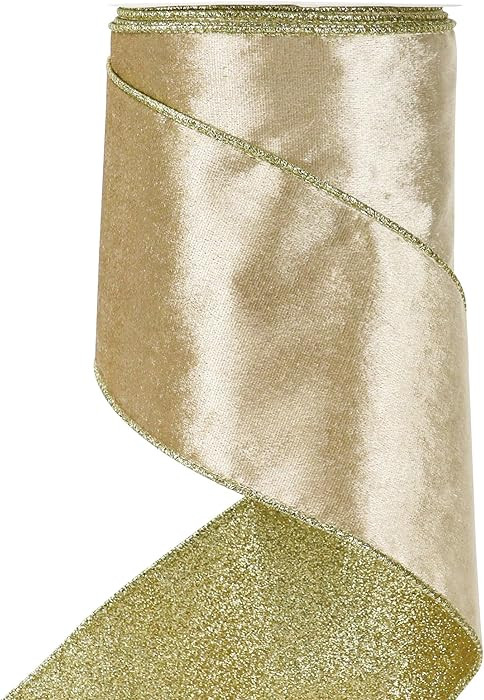 HUIHUANG Champagne Velvet Wired Ribbon 4 inch Christmas Tree Ribbon Double-Sided Glitter Gold and... | Amazon (US)