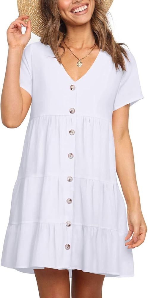 Cosonsen Womens Printed Swing Shift Dress Long Sleeve V Neck Tunic Dress | Amazon (US)