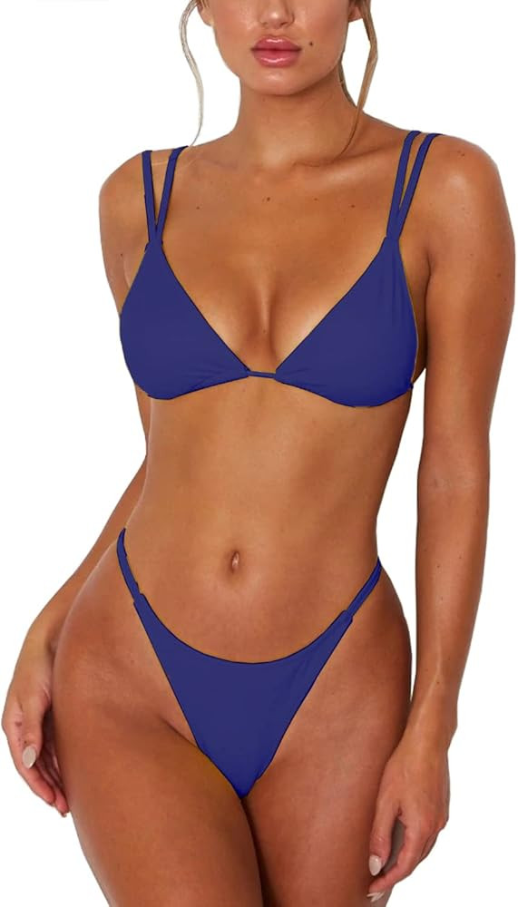 Women's Sexy Thong Bottom Two Piece Bikini Double Shoulder Straps Cute Swimsuit Triangle Bathing | Amazon (US)