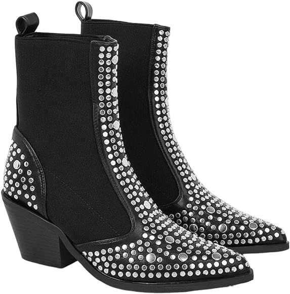 MissHeel Studded Ankle Boots Pull On Chunky Chelsea Booties | Amazon (US)