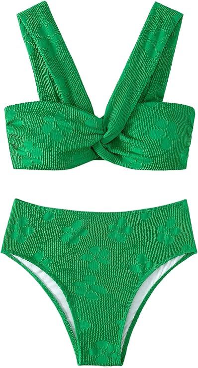 SweatyRocks Women's 2 Piece Bathing Suit Twist Front High Waisted Bikini Floral Swimsuit | Amazon (US)