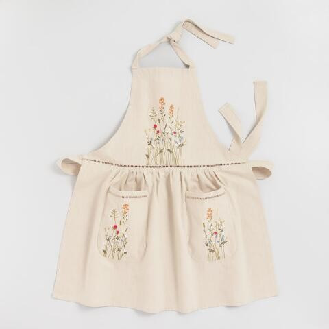 Natural Embroidered Floral Apron with Lace Trim | World Market