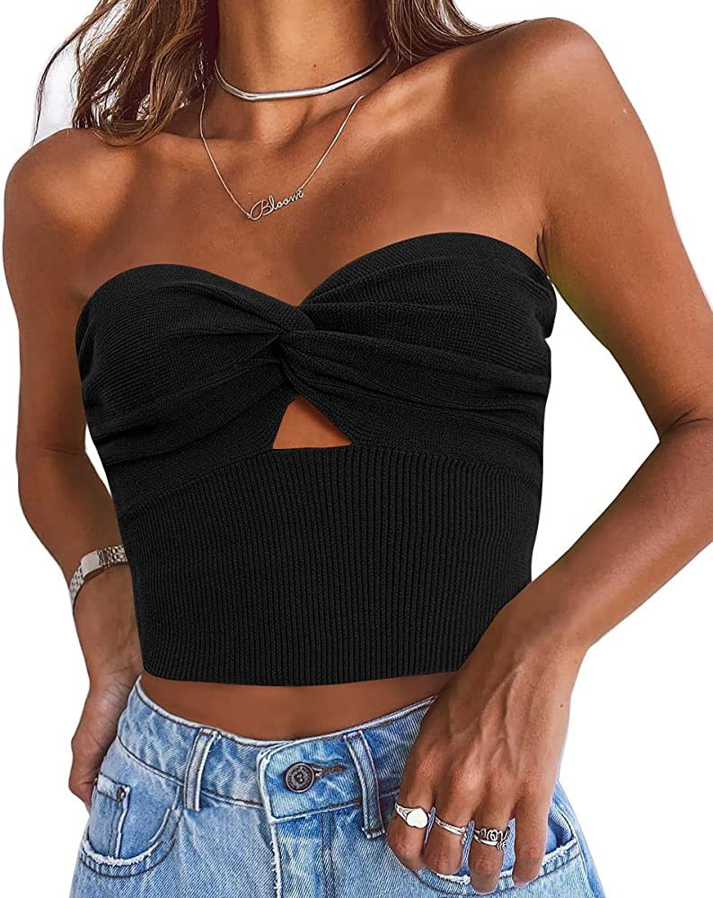 EFAN Womens Cut Out Twist Knot Front Tube Tops Bandeau Ribbed Knit Y2K Sexy Strapless Crop Tank B... | Amazon (US)