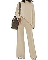 Women High Neck Lounge Set Casual Side Slit Knitted Sweater Pullover Top Wide Leg Pants 2 Piece T... | Amazon (US)