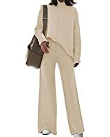 Women High Neck Lounge Set Casual Side Slit Knitted Sweater Pullover Top Wide Leg Pants 2 Piece T... | Amazon (US)