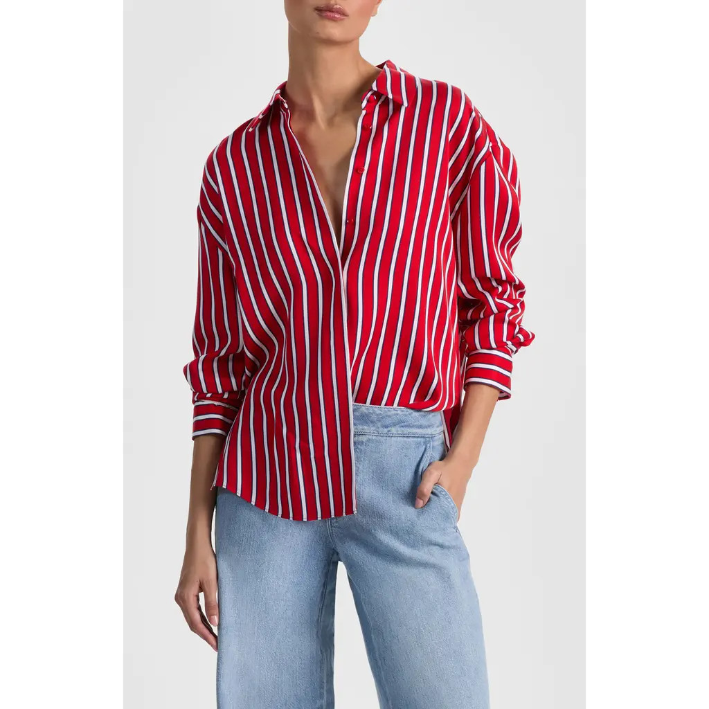Alice + Olivia Dimitra Oversize Stripe Button-Up Shirt in Teakwood Chili Pepper at Nordstrom, Size Medium | Nordstrom