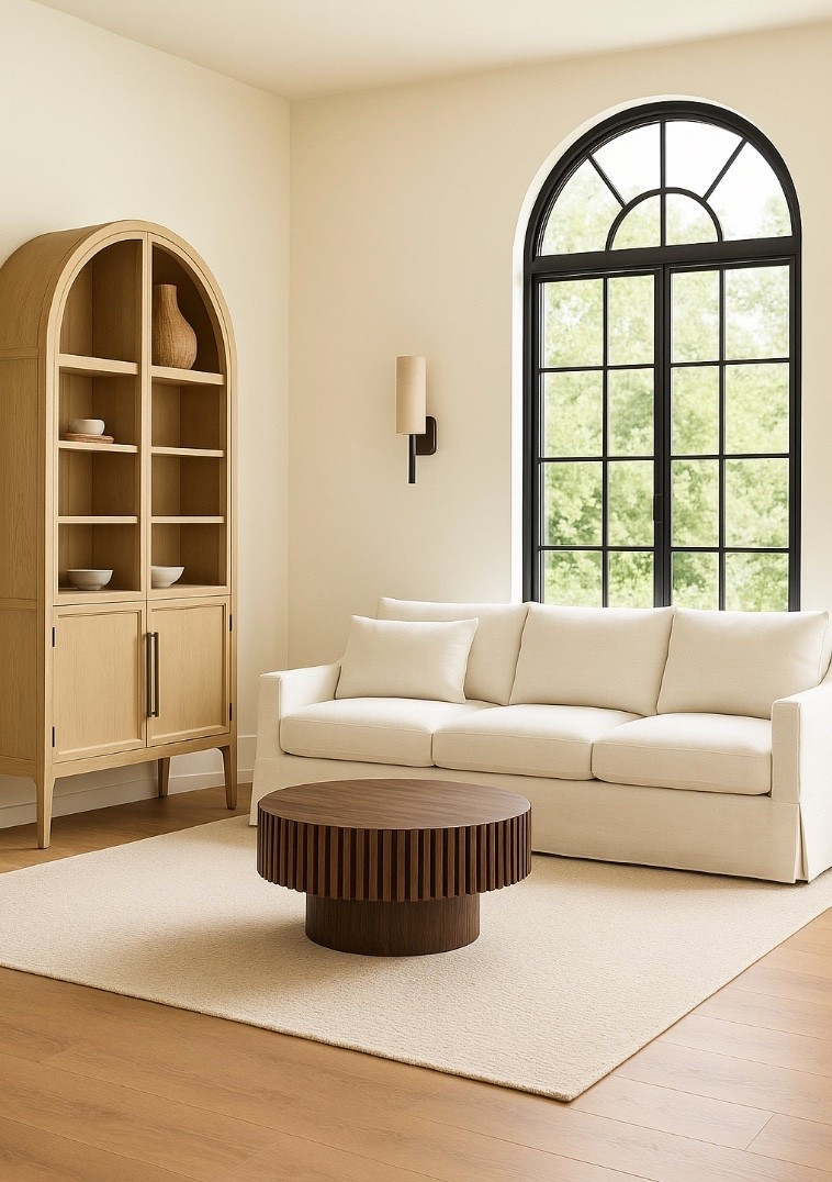 Rug , California coastal living room, organic modern home decor, coffee table, sofa, arch windows 

