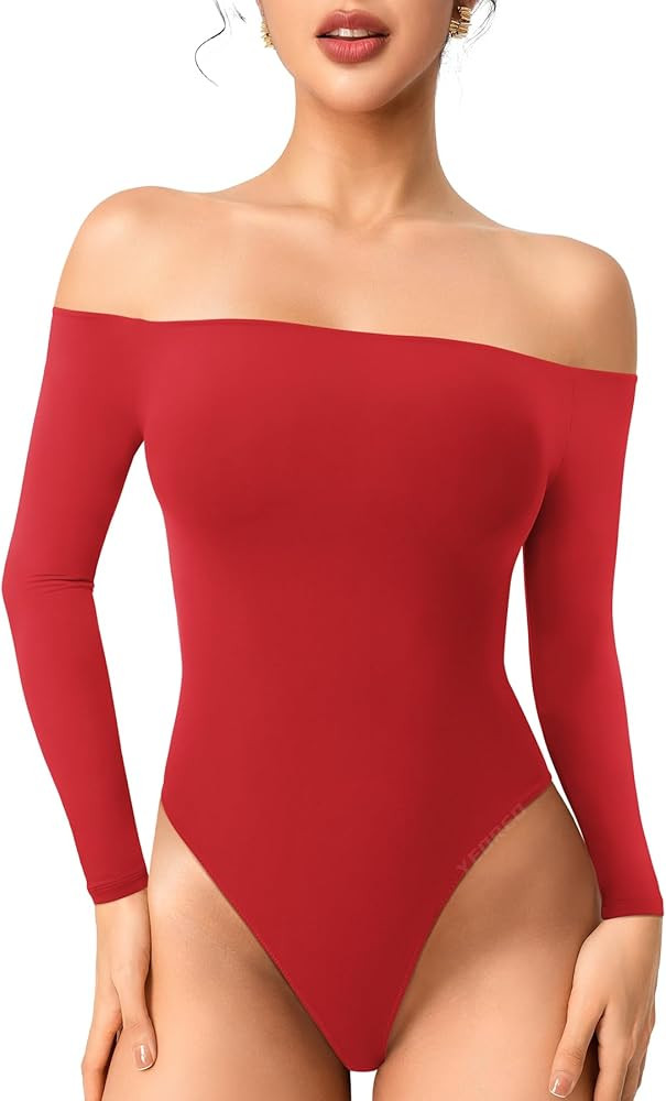 YEOREO Dacrly Strapless Bodysuit Long Sleeve Off Shoulder Leotard Double Lined Thong Bodycon Slim... | Amazon (US)