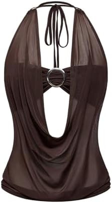 SweatyRocks Women's Sheer Mesh Draped Club Halter Top Y2K Sexy Rave Backless Going Out Tops | Amazon (US)