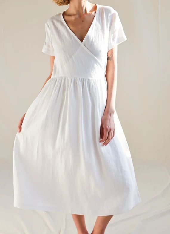 White linen wrap dress / Midi linen V-neck dress / Handmade by MITS | Etsy (US)