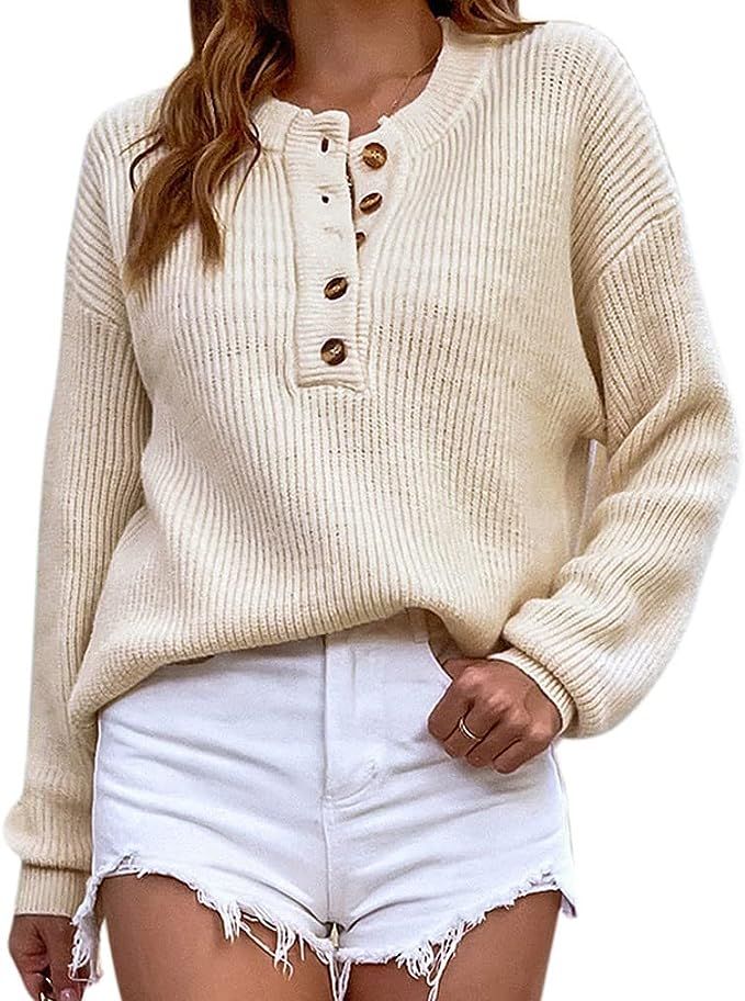 QIYUN.Z Sweaters for Women,Pullover Knit Sweater,Button Up Sweater,Womens Henley Tops | Amazon (US)