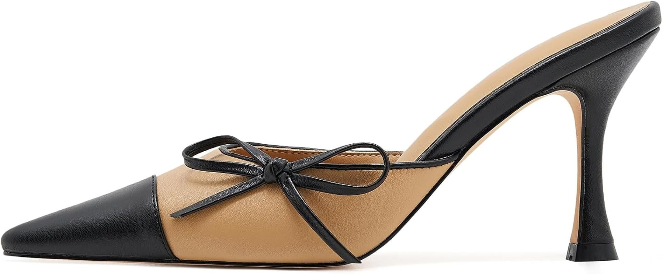 Women's Bow Tie Heeled Mules Kitten Heels Patchwork Vintage Dress Sandals | Amazon (US)