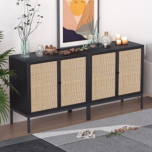 XIAO WEI Set of 2 Sideboard with Handmade Natural Rattan Doors, Rattan Cabinet Console Table Stor... | Amazon (US)