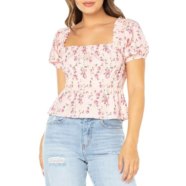 Celebrity Pink Juniors' Floral Top with Puff Sleeves, Sizes XS-XXXL | Walmart (US)