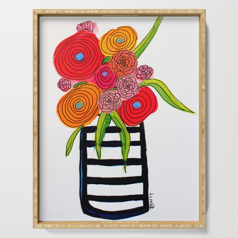 Black And White Vase With Bright Color Flowers Serving Tray by pinkoxfordstudio | Society6