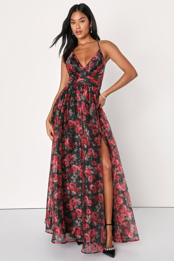 Simply Divine Black and Red Floral Print Organza Maxi Dress | Lulus (US)