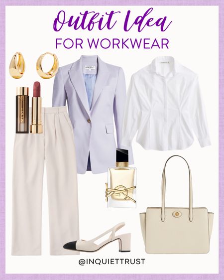 Shop this simple yet stylish workwear outfit idea: a white button-down top paired with a cute purple blazer, neutral pants, slingback heels, and more! 
#officeoutfit #businesscasual #springfashion #outfitinspo

#LTKbeauty #LTKitbag #LTKshoecrush