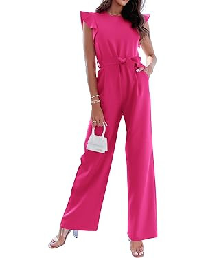 BTFBM Women Jumpsuits Crew Neck Ruffle Cap Sleeve Belted High Waist Wide Leg Romper with Pockets ... | Amazon (US)