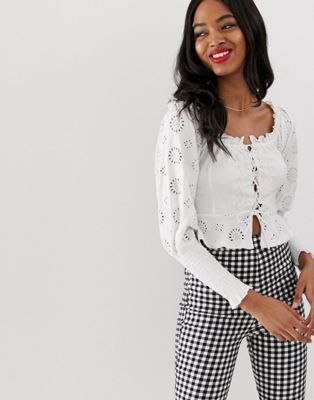 ASOS DESIGN shirring bardot top with broderie sleeve and lace up detail | ASOS US