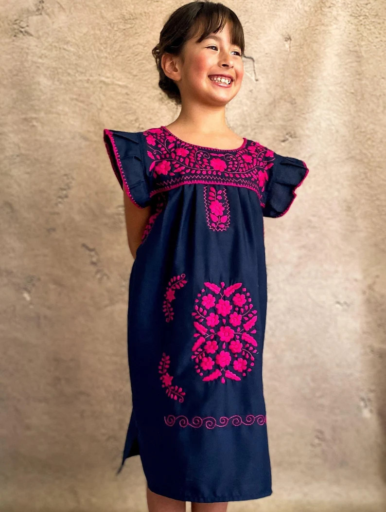 Mexican Floral Dress, Hand Embroidered, Floral Bohemian Kids Peasant Dress, Flower Girl Dress, Fo... | Etsy (US)