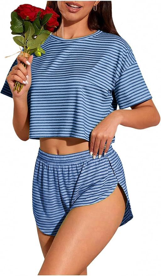 OYOANGLE Women's 2 Piece Summer Pajama Set Cute Pj Sets Striped Print Short Sleeve Tee and Side S... | Amazon (US)