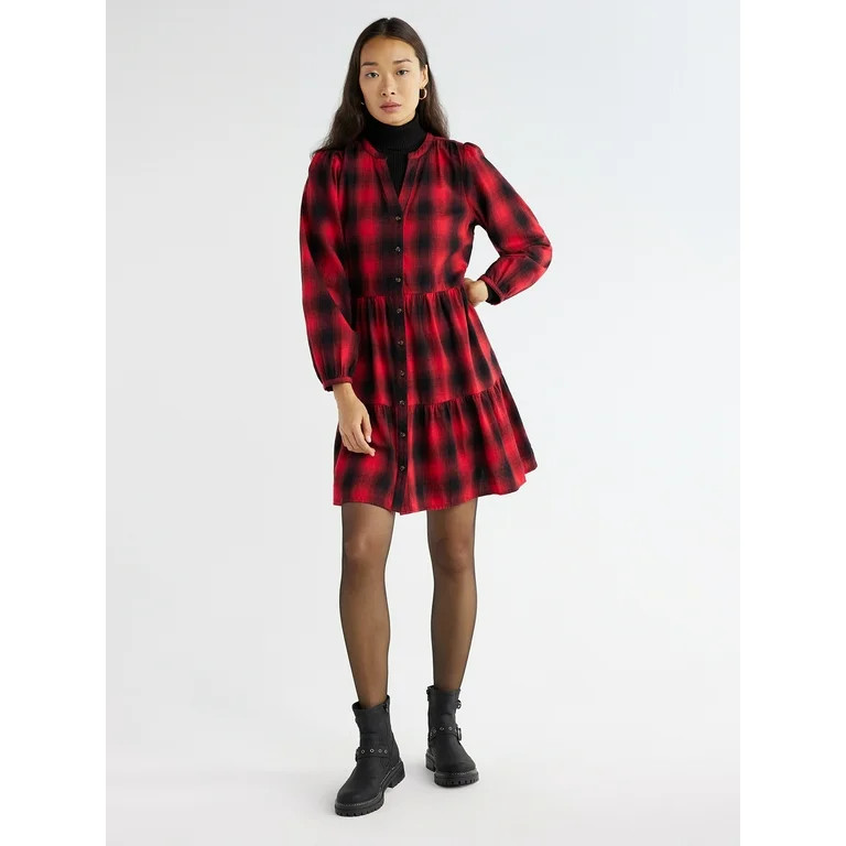 Time and Tru Women's Tiered Plaid Shirtdress with Puff Sleeves, Sizes XS-XXXL | Walmart (US)