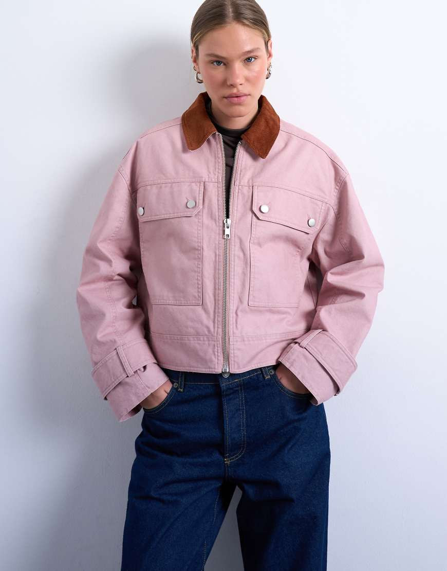 Topshop patch pocket barn jacket with contrast collar in pink | ASOS (Global)