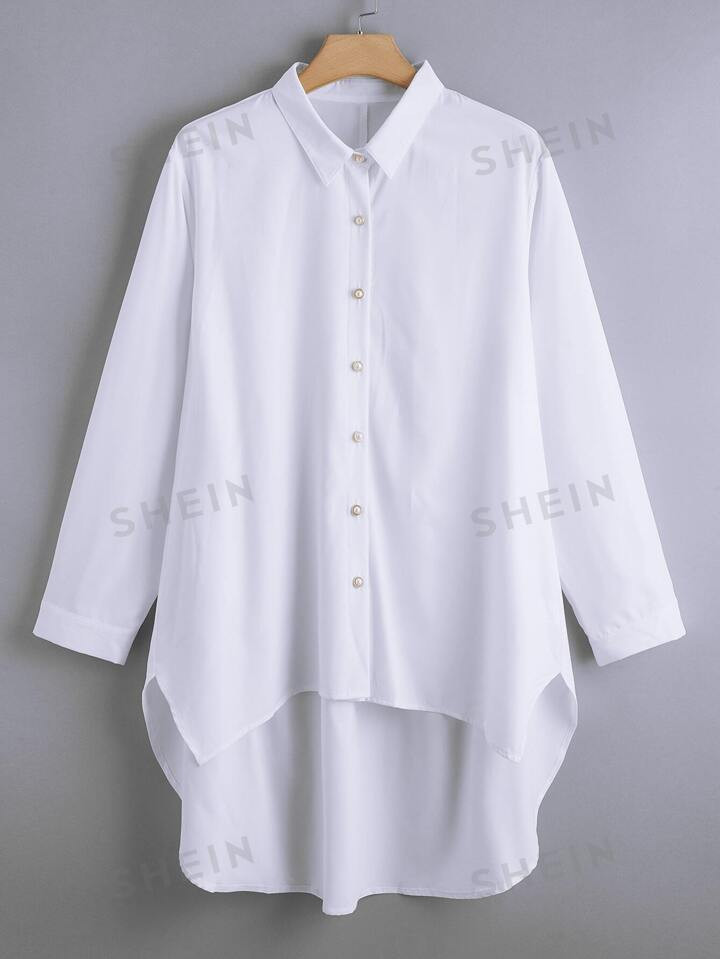 SHEIN LUNE Plus Pearls Button Front High Low Hem Blouse | SHEIN