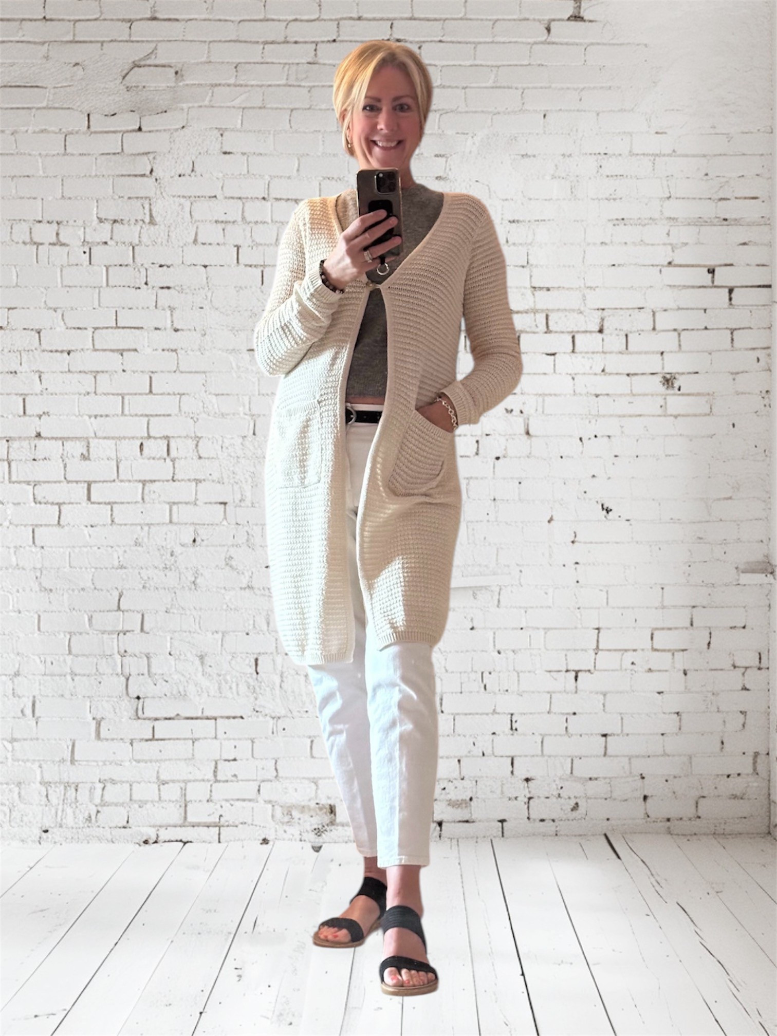 The perfect “go everywhere” crochet look cardigan .  
This lightweight long cardigan will get you through spring temps and cool nights .   
It has a one button fasten in the chest and two pockets . 
Its neutral tone will compliment any outfit .   

Cardigan @cleo
White denim @gap
Grey short sleeve sweater @zara
Black wedge sandal @winners

#LTKspring #LTKcanada