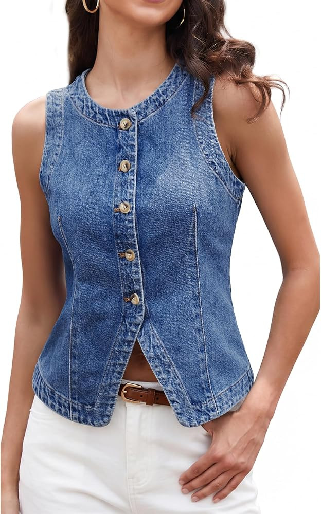 ELLEVEN Women\u2019s Stretchy Crew Neck Denim Vest Summer, Button Down Fitted Jean Vest Top for W... | Amazon (US)