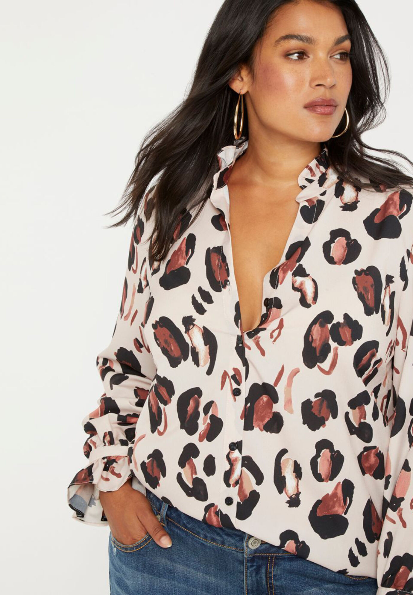 Printed Button Down Shirt with Ruffle Neck | Eloquii