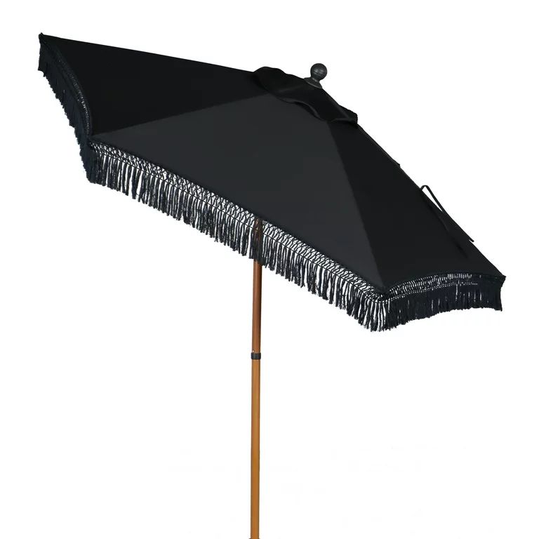 Better Homes & Gardens Outdoor 7.5' Black Ventura Fringe Round Push-up Premium Patio Umbrella | Walmart (US)