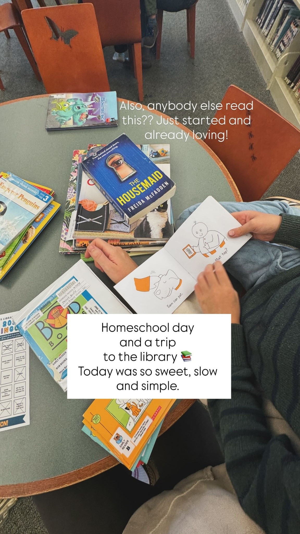 Homeschool day 
and a trip 
to the library 📚
Today was so sweet, slow and simple. Also, anybody else read this?? Just started and already loving!