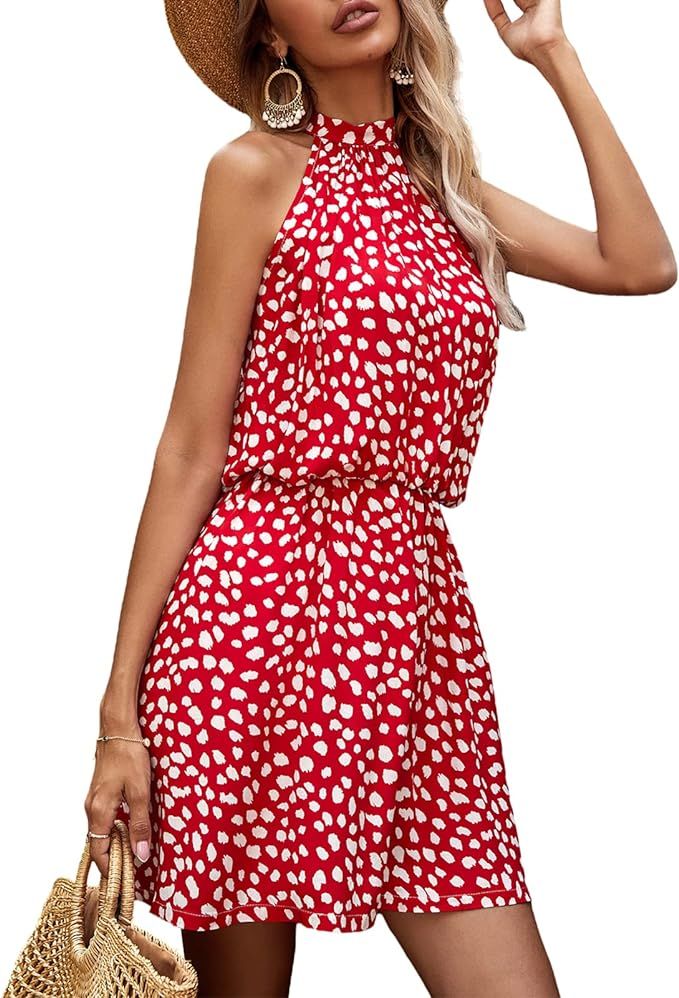 Xaspee Womens Dresses Casual Summer Short Sleeveless Halter Leopard Print Soft Beach Dress | Amazon (US)