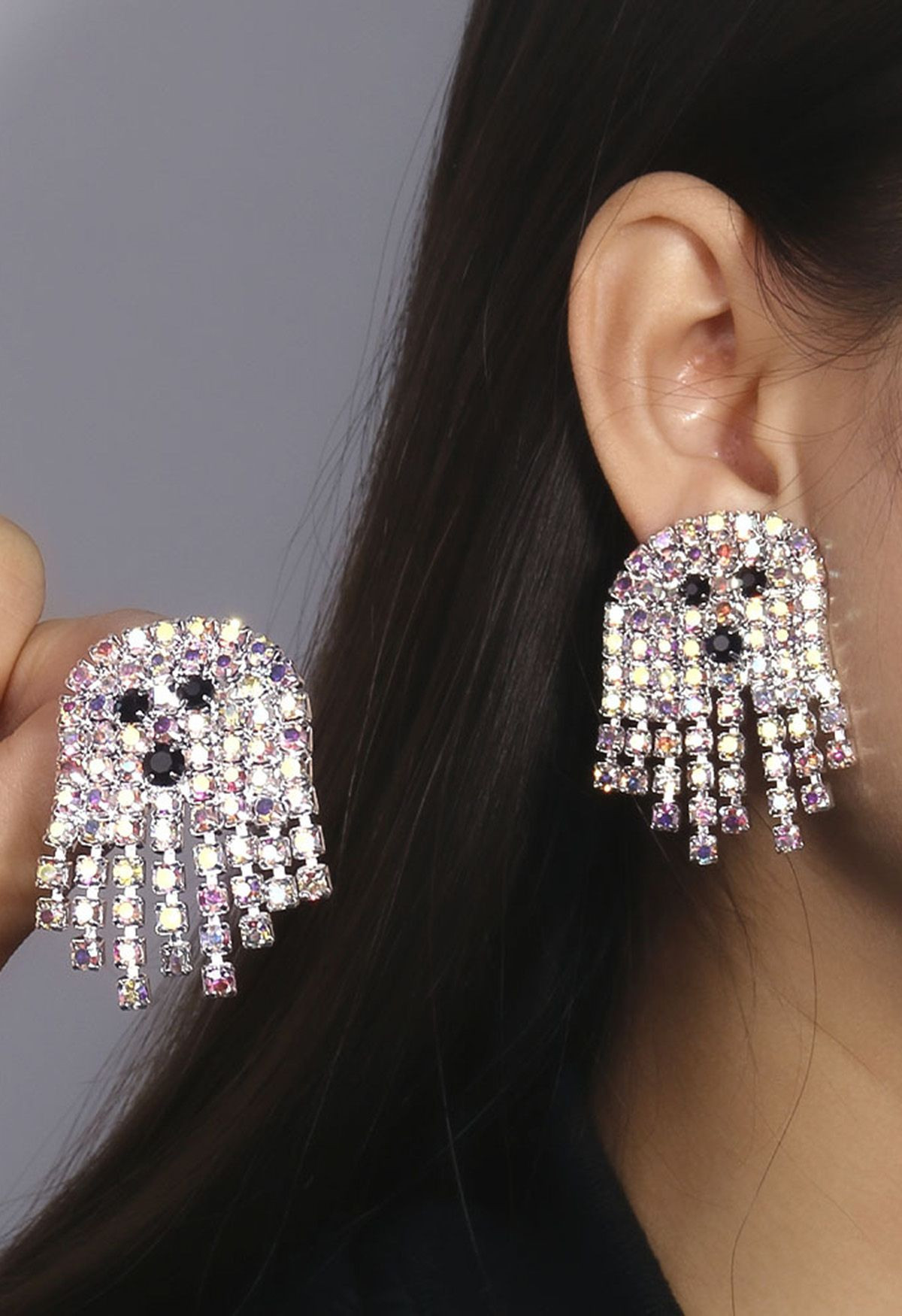 Colorful Rhinestone Ghost Earrings in Silver | Chicwish
