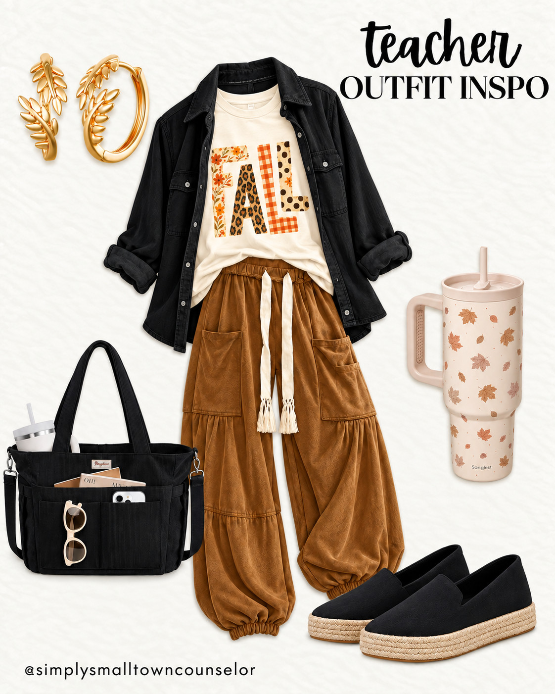 teacher outfit inspo 🖤 A fall graphic tee, black denim layer & relaxed brown pants for a comfy classroom look! Add slip-on shoes & the cutest fall cup. 🍂 

 #LTKWorkwear