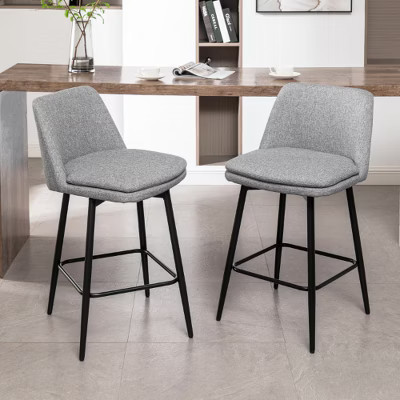 Lyngins Mid-Century Modern Counter Height Bar Stools Set of 2, Linen Counter Stools with Matte Black Metal X-Legs & Footrest for Kitchen Island, Gray | Target