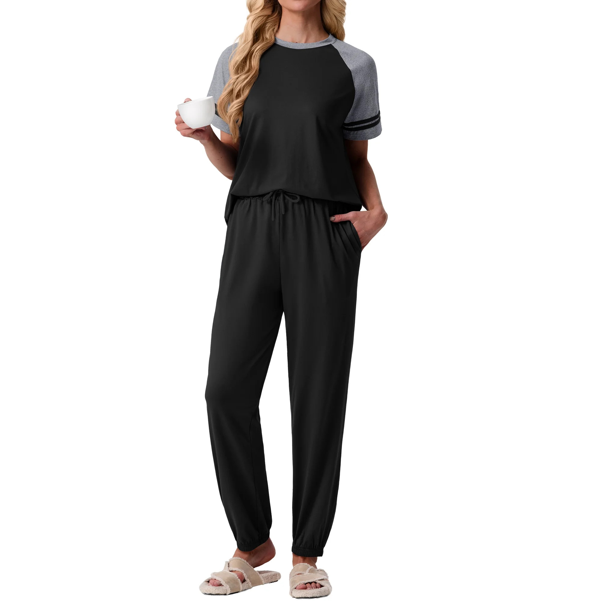 MINTREUS Lounge Sets for Women Two Piece Pajama Set Short Sleeve Pjs Joggers Long Pants Tracksuit... | Walmart (US)