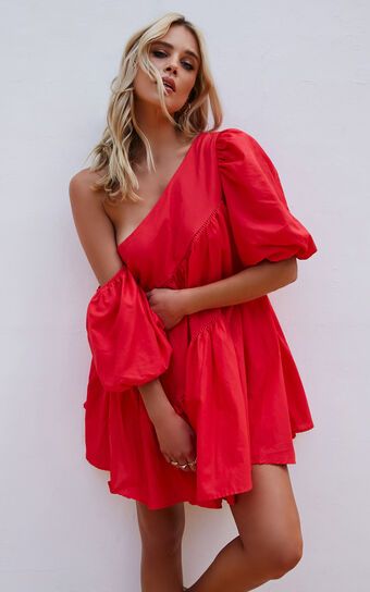 Harleen Mini Dress - Linen Look Asymmetrical Trim Puff Sleeve Dress in Red | Showpo (US, UK & Europe)