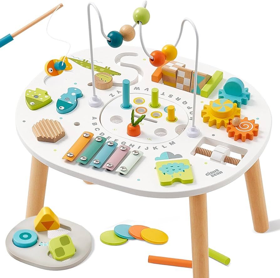 Giant bean® Wooden Activity Table for 1 Year Old, 11-in-1 Montessori Learning Table with Bead Ma... | Amazon (US)