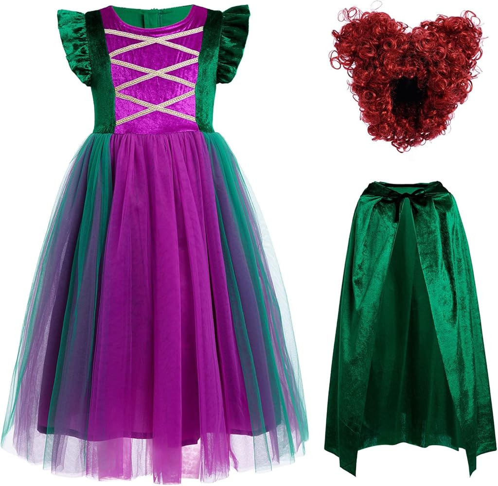 OBEEII Halloween Costume for Girls Velvet Tulle Tutu Witch Dresses with Wigs Velvet Cape 3pcs Set... | Amazon (US)
